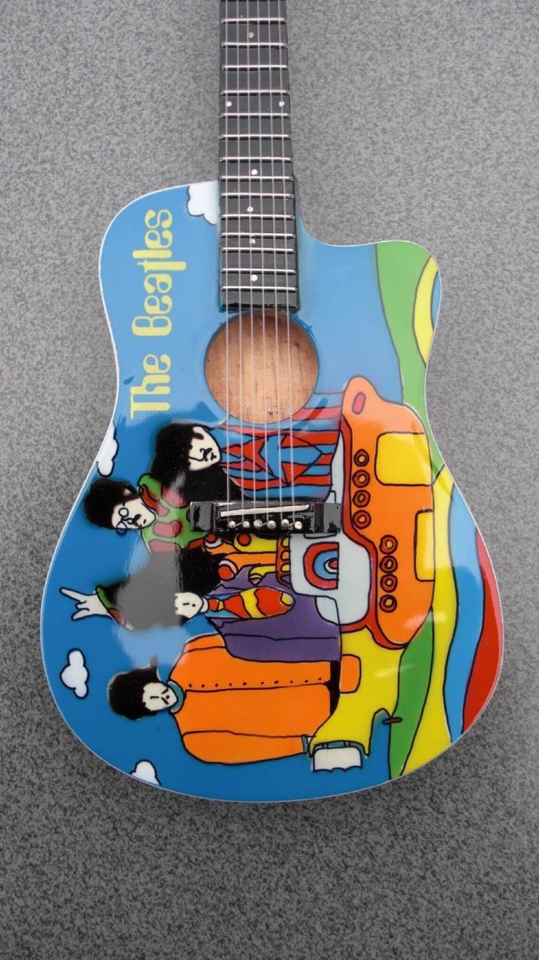 Beatles Yellow/Green Sub Marine W/ Satin Leather Display Box Miniature Guitar 